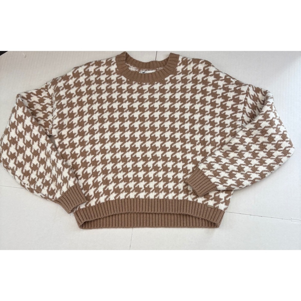 Hollister Houndstooth Knit Pullover Sweater Cream Brown Preppy Fall Academia